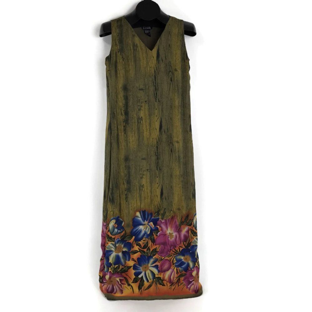 Gabrielle Floral V-Neck Maxi Dress Women's Size 6 Tropical Sleeveless Wood Grain